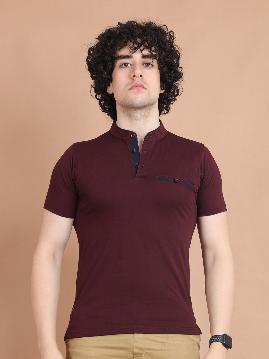 berry blues Half Sleeve Mandarin Collar Cotton T-shirt