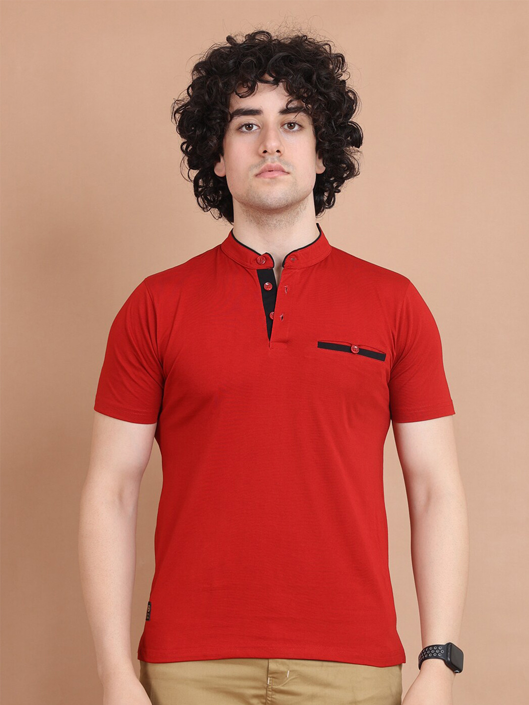berry blues Half Sleeve Mandarin Collar Cotton T-shirt