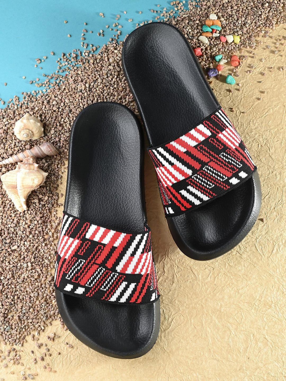 Mast & Harbour Men Red & Black Printed Fabric Comfort Foam Sliders