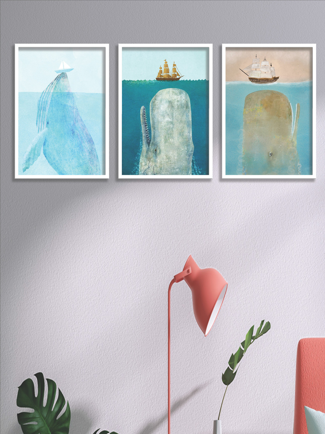 SAF Blue & White 3 Pieces Boat & Whale Painting Wall Art