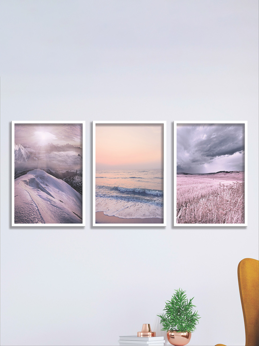 SAF Pink 3 Pieces Sea Waves & Mountain Painting Wall Art