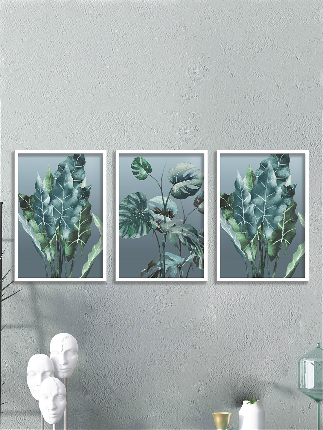 SAF Grey & Green 3 Pieces Tropical Leaves Painting Wall Art