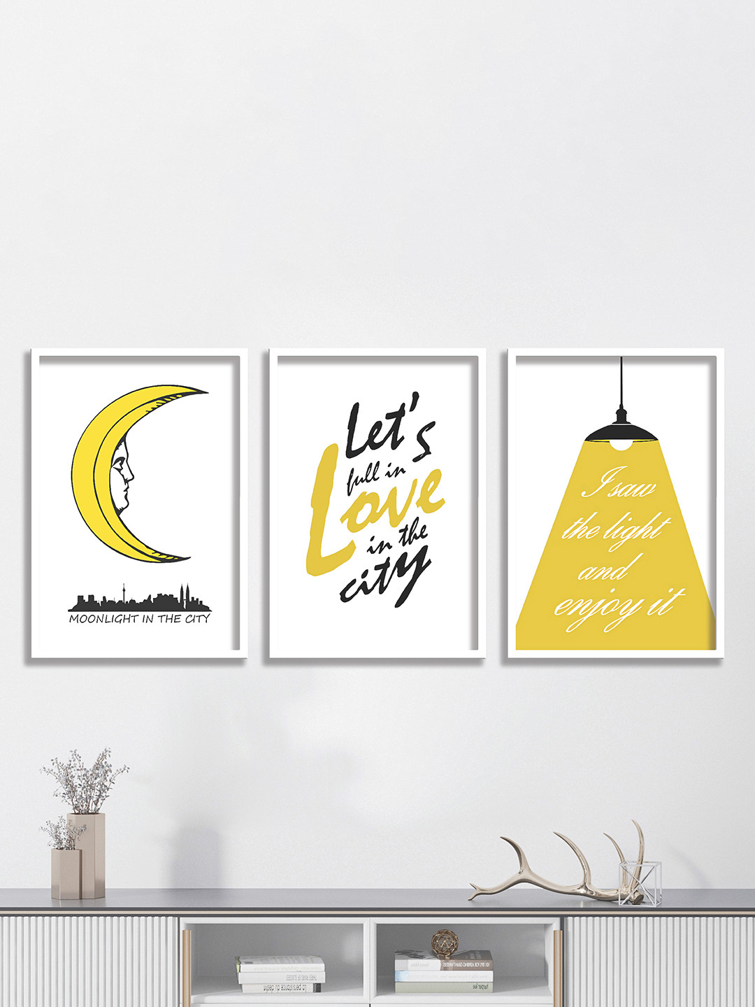 SAF White & Yellow 3 Pieces Fall In Love Painting Waterproof Wall Arts