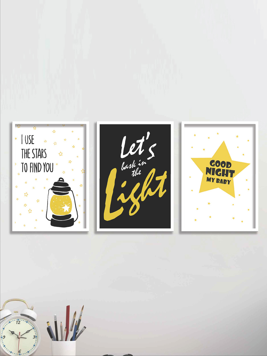 SAF White & Black 3 Pieces Good Night Painting Waterproof Wall Arts