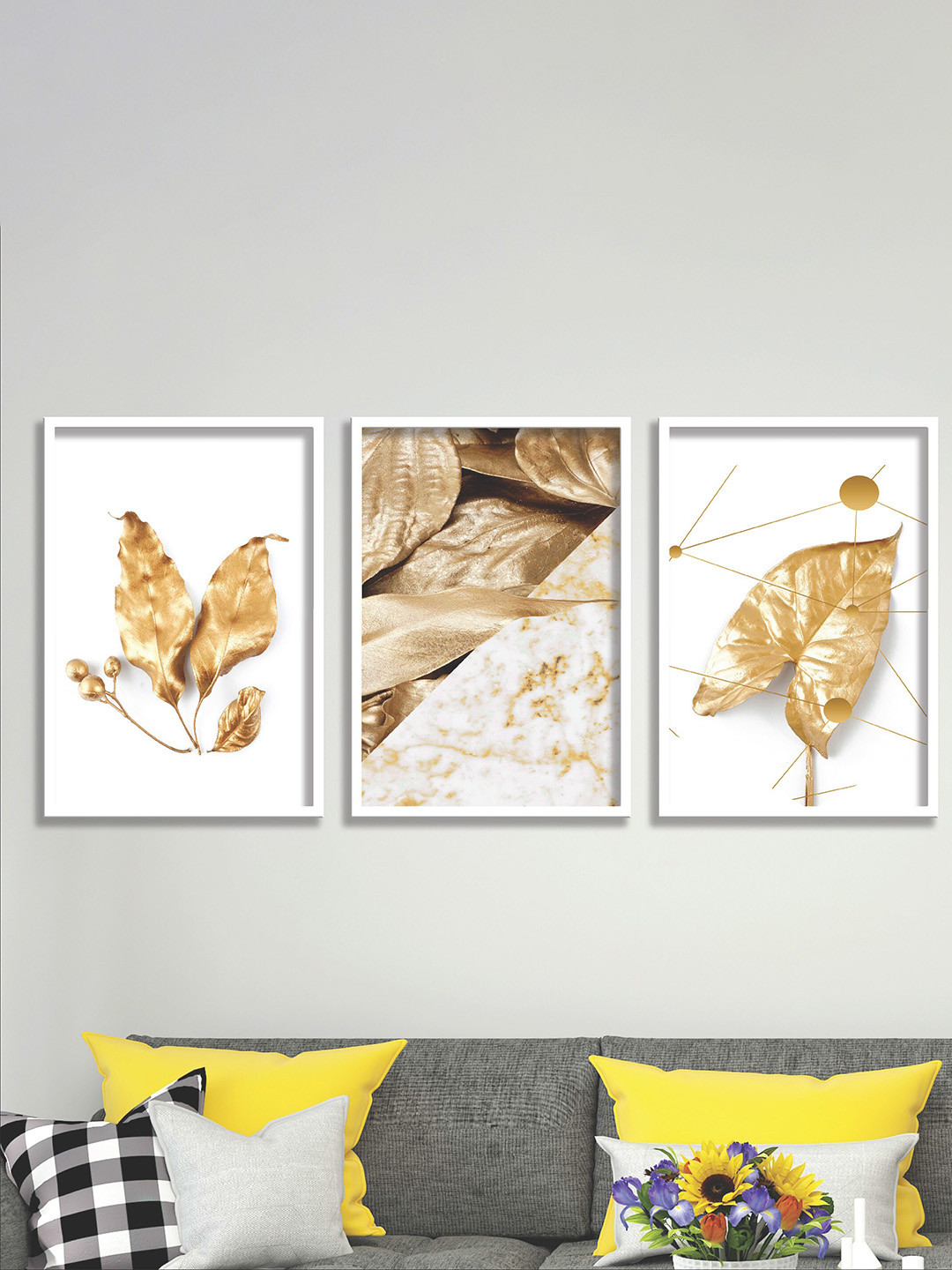 SAF Golden Leaves Wood 3 Piece Wall Rectangle Paintings Wall Art - 13.5 x 19.5In