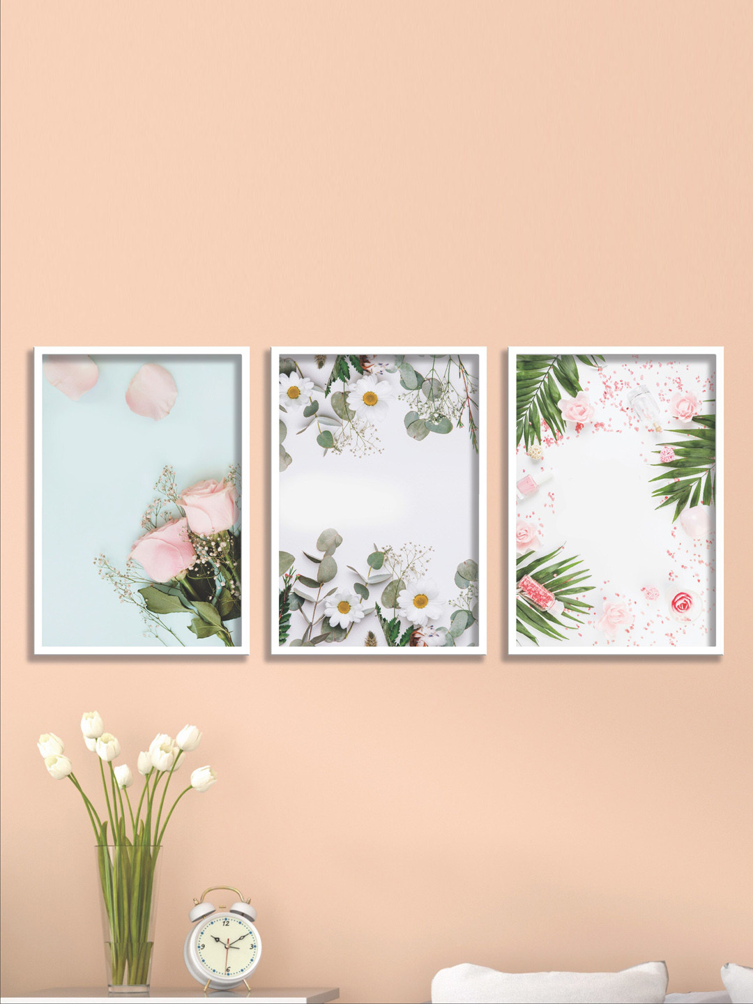 SAF White & Pink 3 Pieces Flowers Painting Wall Art