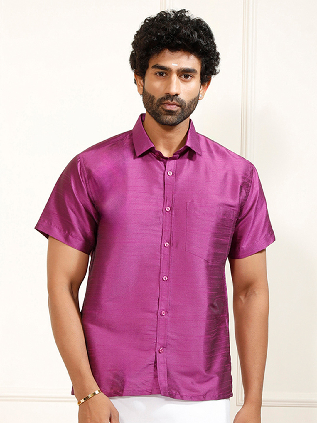 VASTRAMAY Premium Spread Collar Silk Shirt