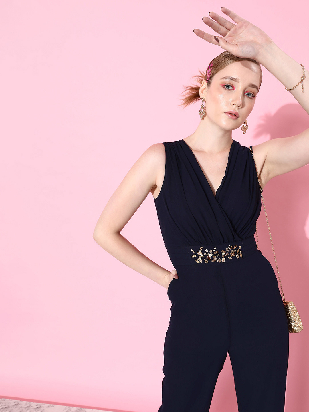 QUIERO Navy Blue Basic Jumpsuit with Embellished Details