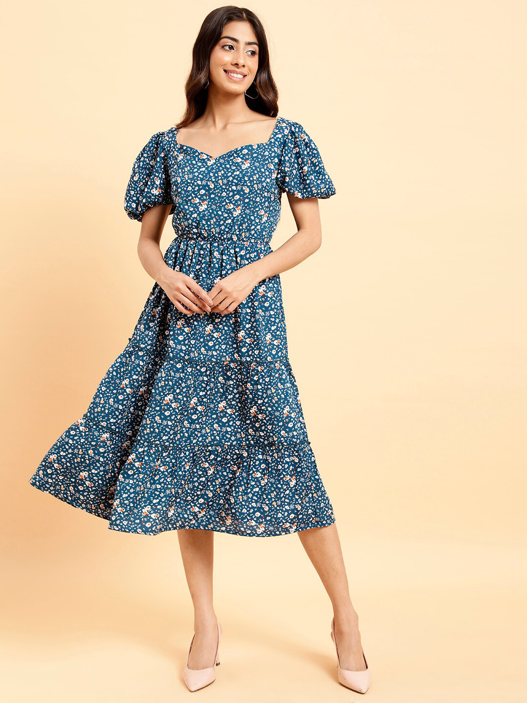 MINT STREET Floral Printed Sweetheart Neck Tiered Fit & Flare Midi Dress