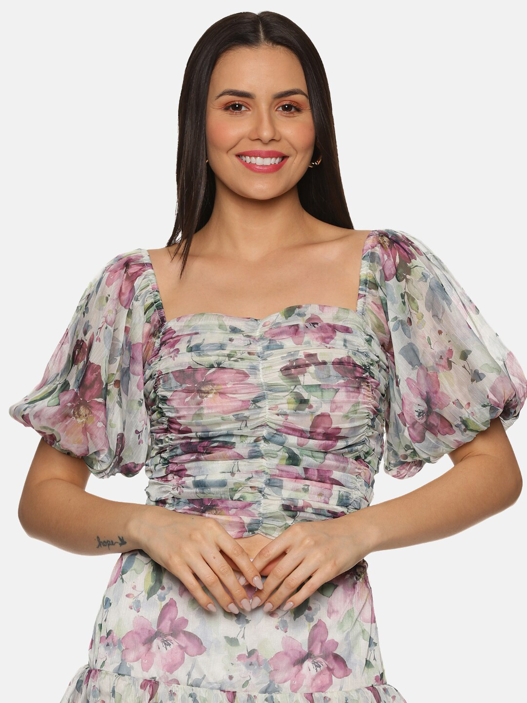 ISU Floral Print Sweetheart Neck Puff Sleeve Chiffon Ruched Fitted Crop Top