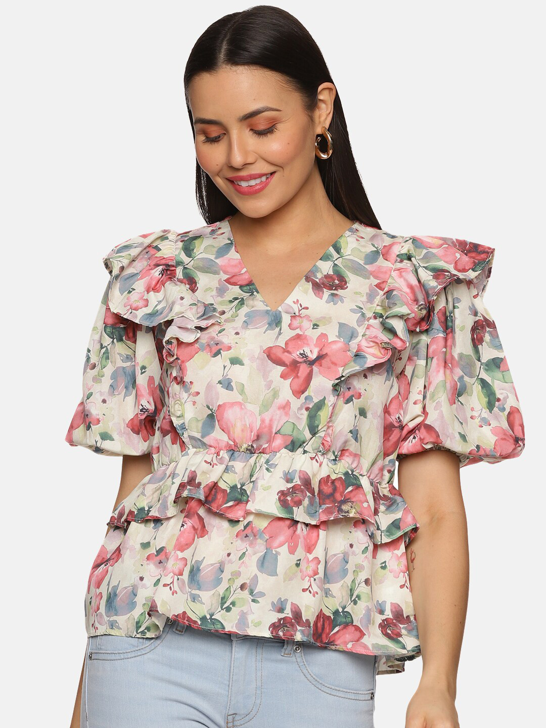 ISU V-Neck Floral Print Puff Sleeves Peplum Top