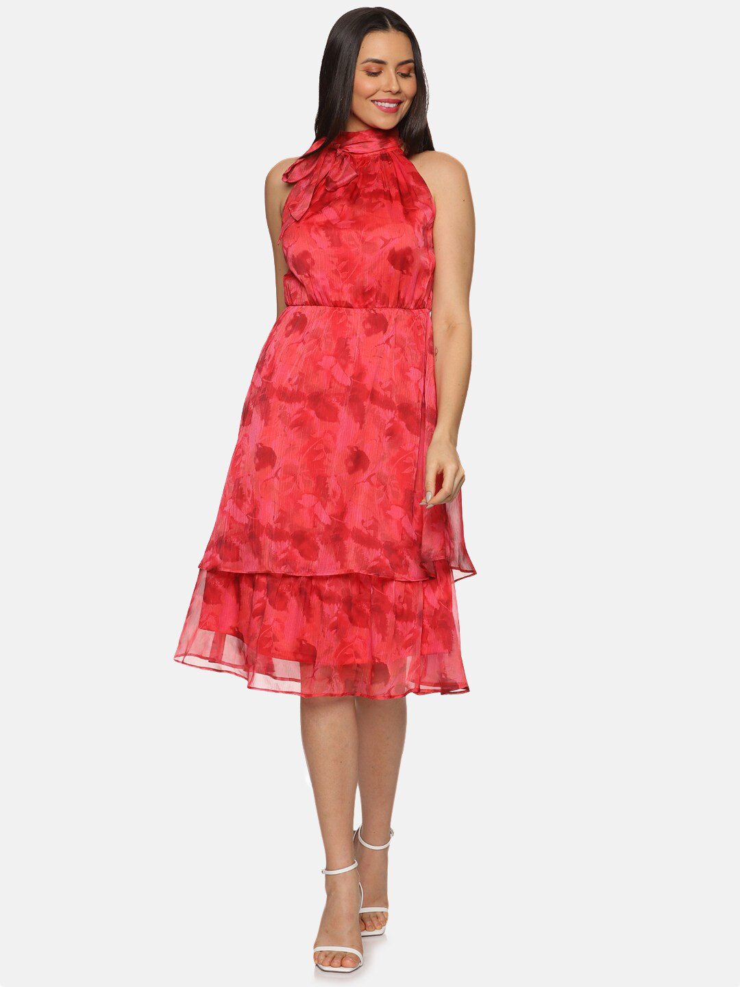 ISU Red Halter Neck Chiffon Fit & Flare Dress