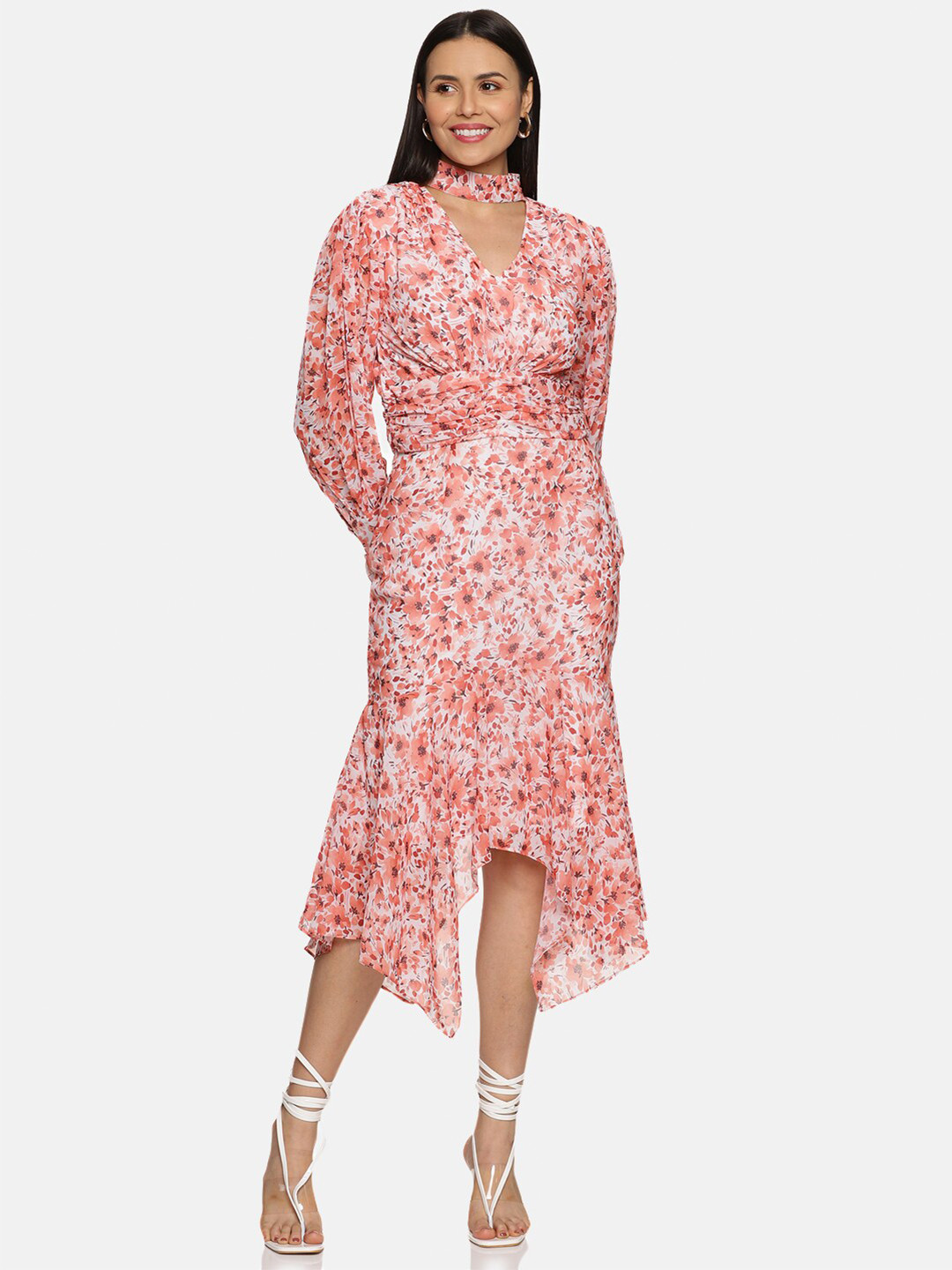ISU Orange Floral Print Choker Neck Georgette Midi Dress