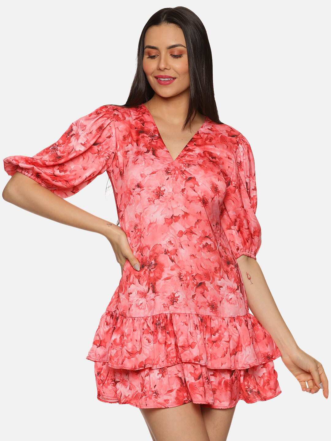 ISU Pink Floral Print Puff Sleeve Satin A-Line Dress