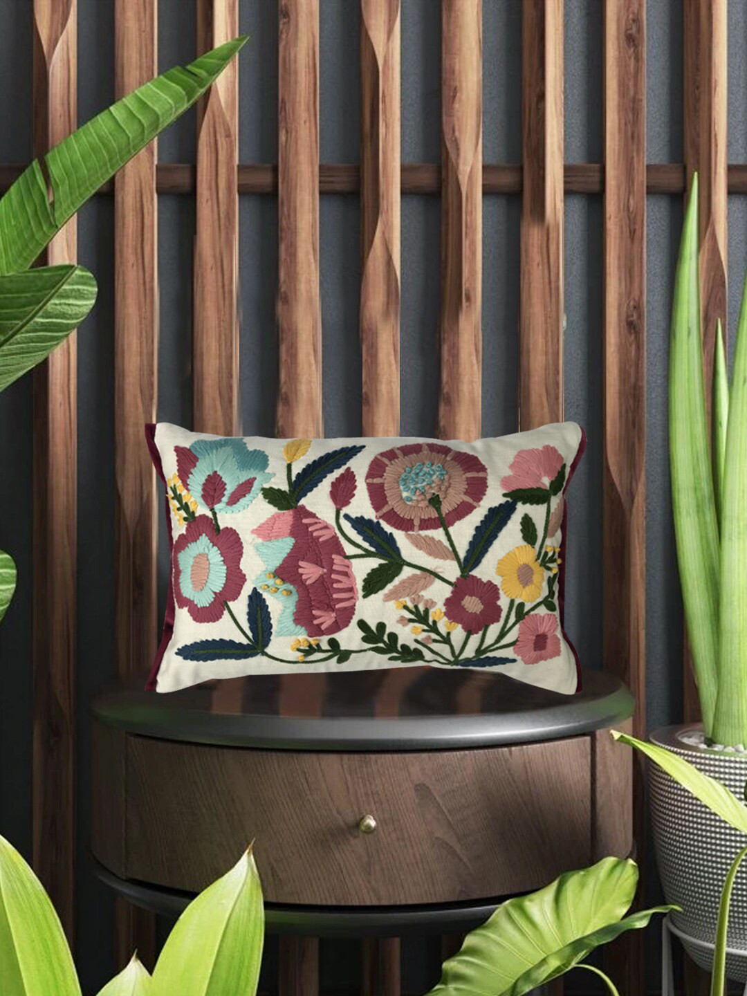 SHADES of LIFE Pink Floral Cotton 2 Piece Embroidered Rectangle Cushion Covers -12x18In