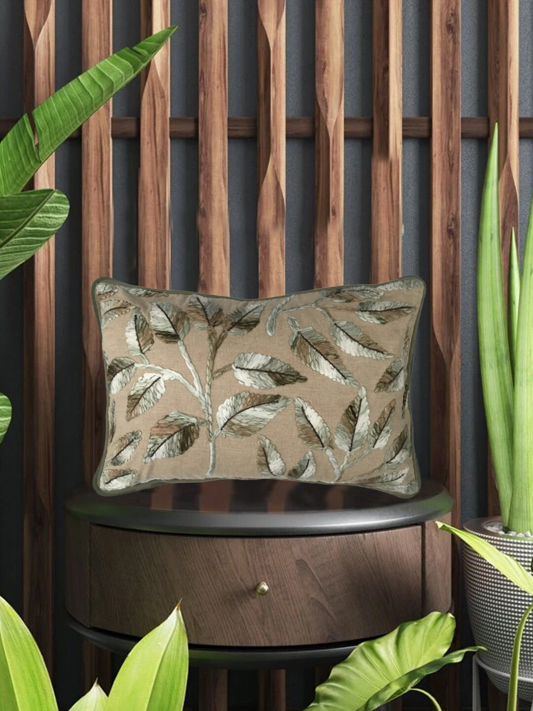 SHADES of LIFE Leaf Polyester Silk Breathable 2 Pcs Embroidered Cushion Covers -12x18In