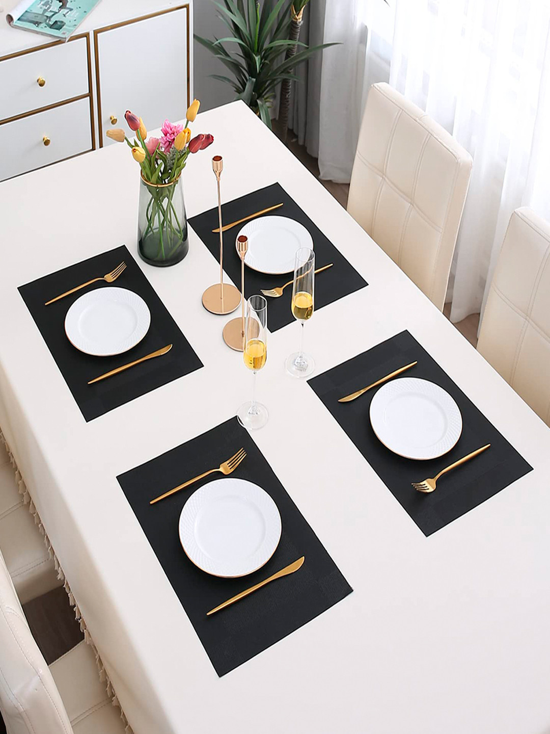 HOKIPO Black 4-Piece Textured Rectangular Table Placemats