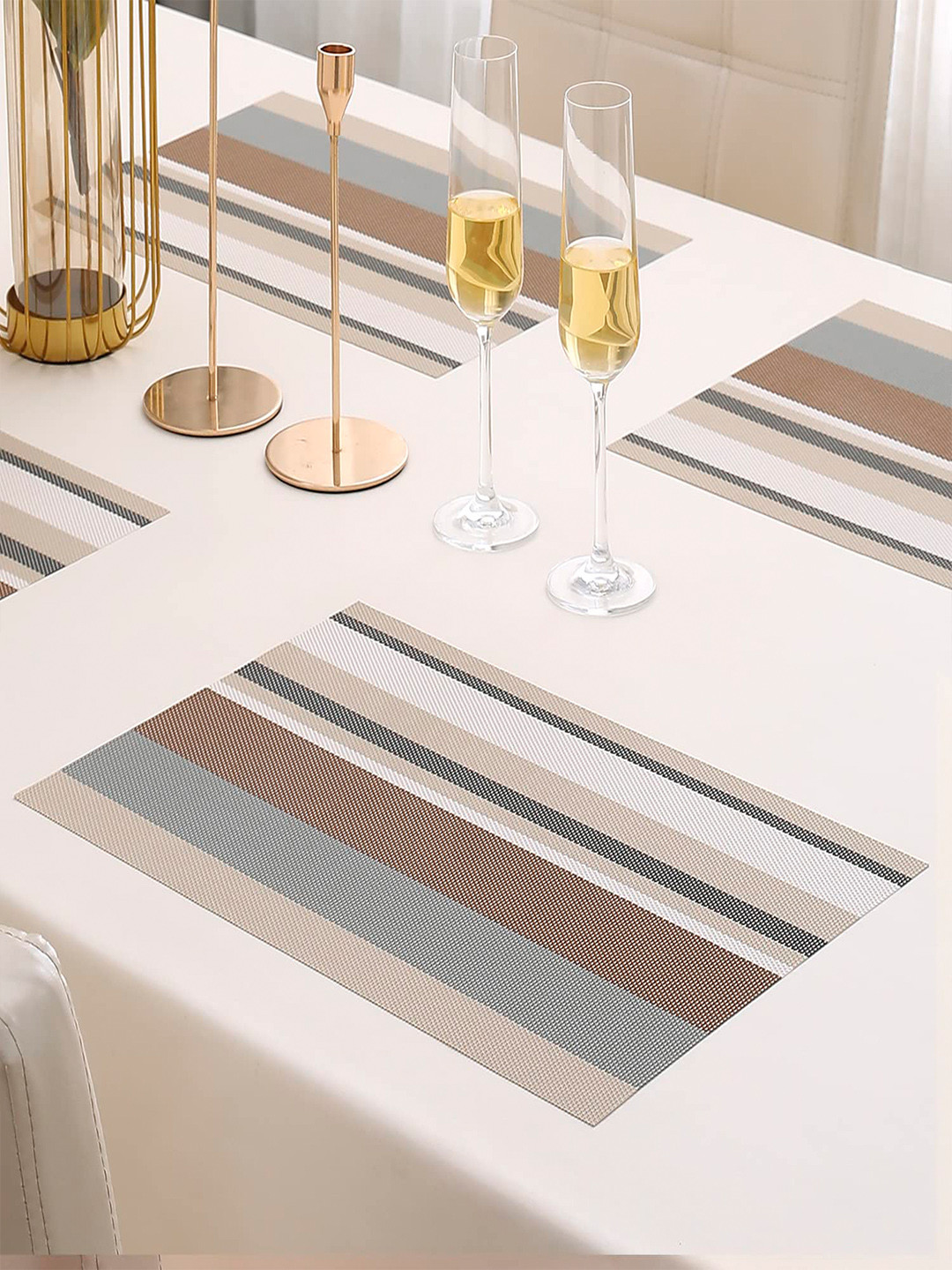HOKIPO Beige & Brown 4-Piece Striped Rectangular Table Placemats