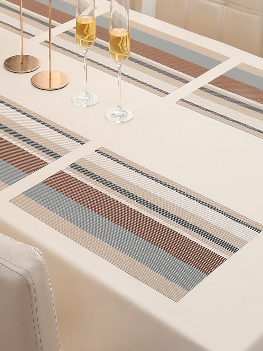 HOKIPO Beige & Brown 6-Piece Striped Rectangular Table Placemats