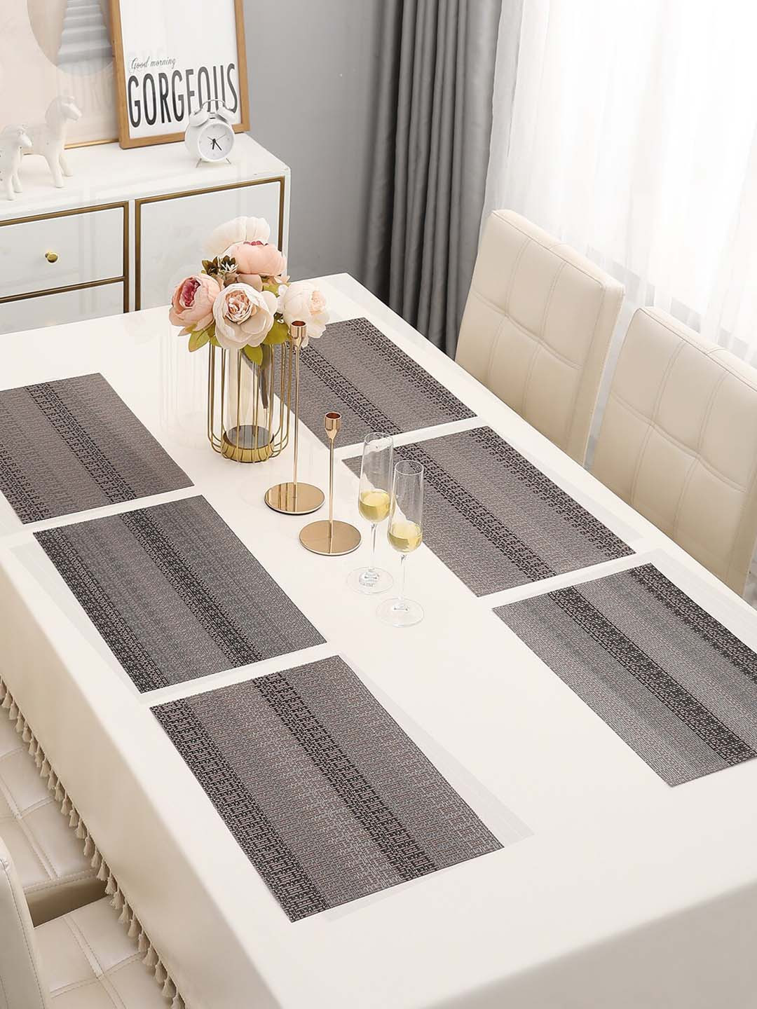 HOKIPO 6 Pieces Grey & Brown Textured Table Placemats