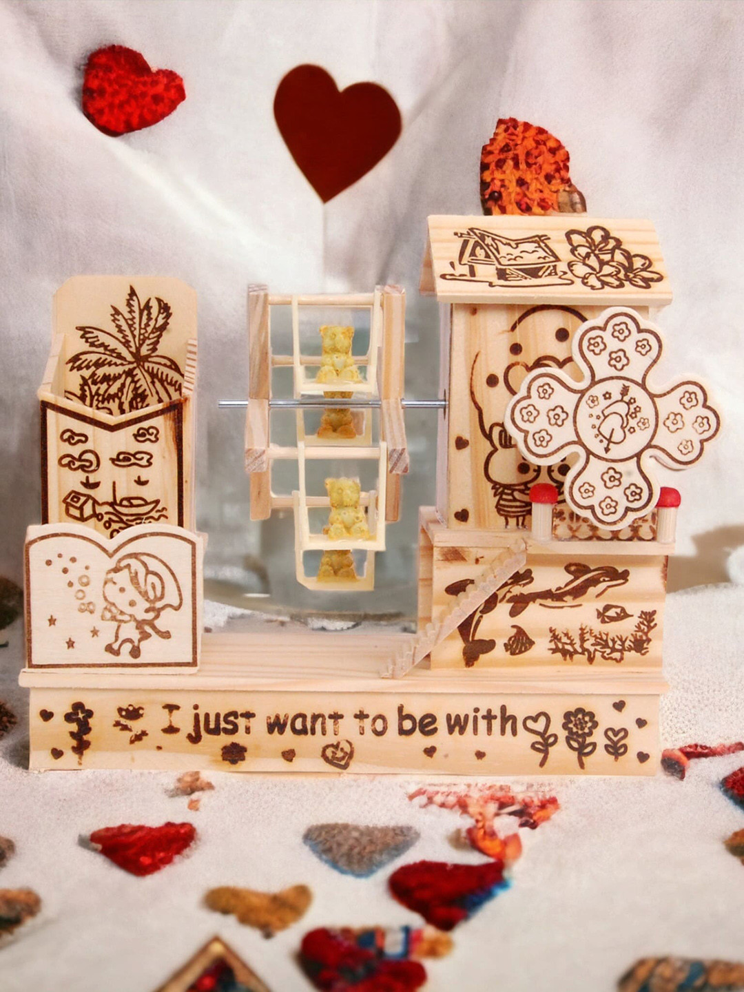 CHOCOZONE Wooden Hand Crank Music Box with Giant Wheel Swing & Teddy Bear Pen Stand