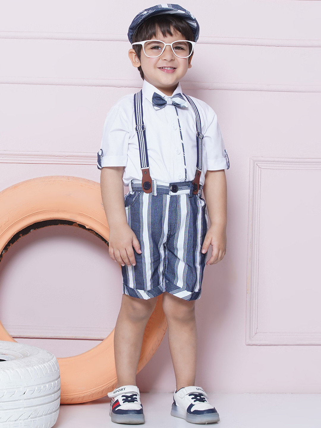 Aj DEZInES Boys Checked Shirt with Shorts Cap & Suspenders Clothing Set