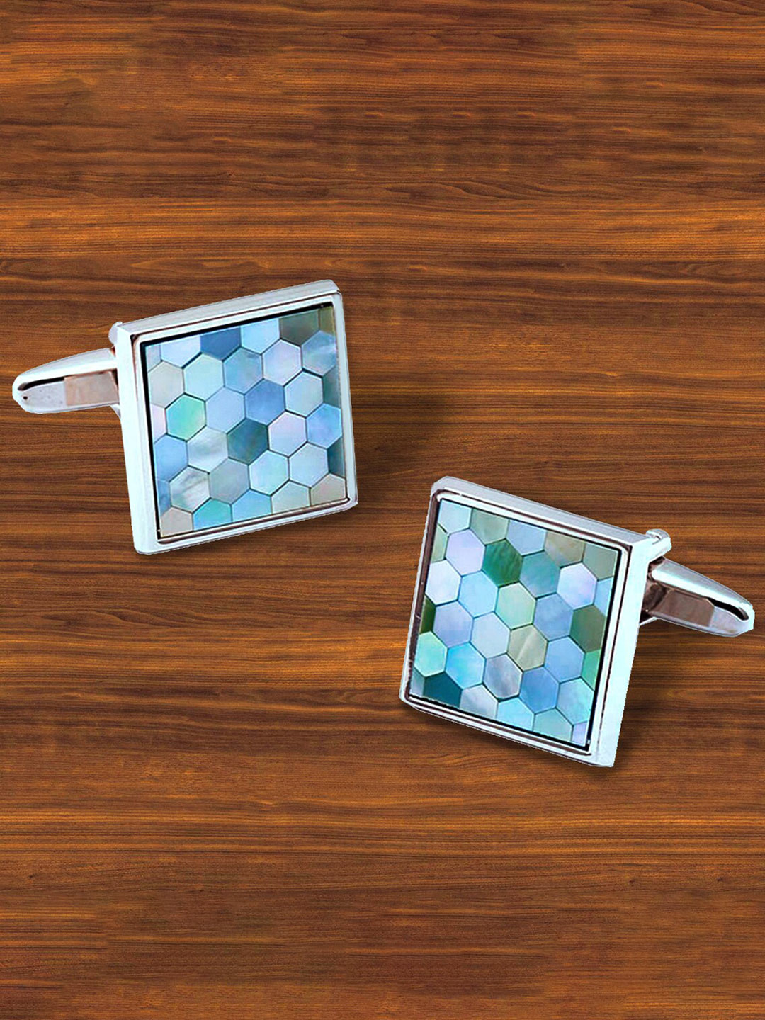ZIVOM Blue & Silver-Toned Square Printed Formal Shirt Cufflink