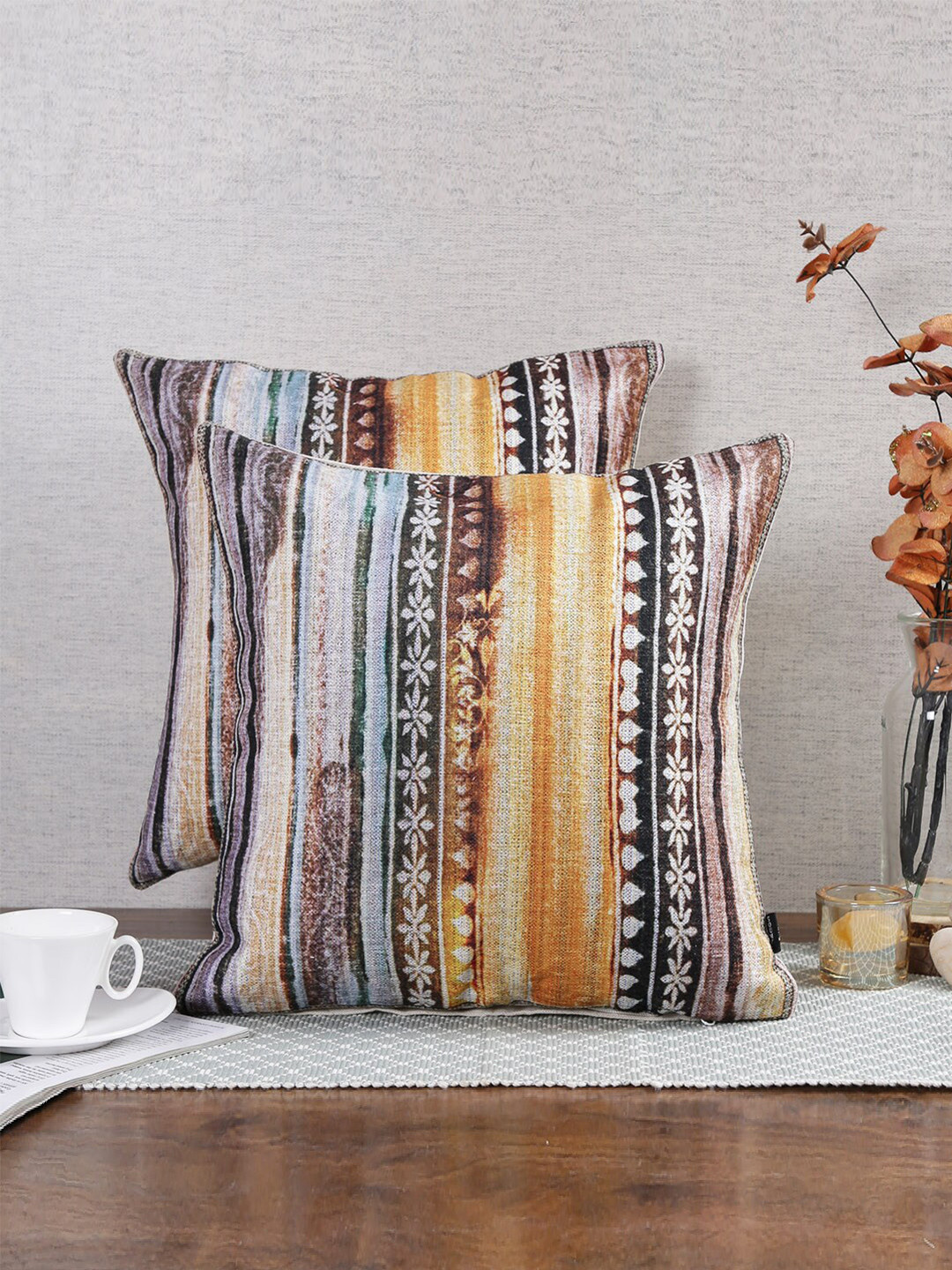 Soumya Printed Navy Blue Striped Polyester Silk Washable 2 Pcs Cushion Covers -16x16In