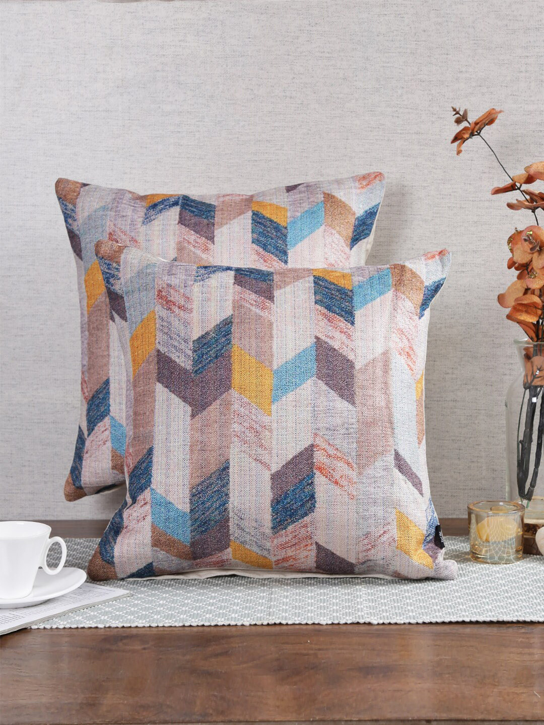 Soumya Grey Geometric Chenille Blend Washable 2 Piece Square Cushion Covers -16x16In