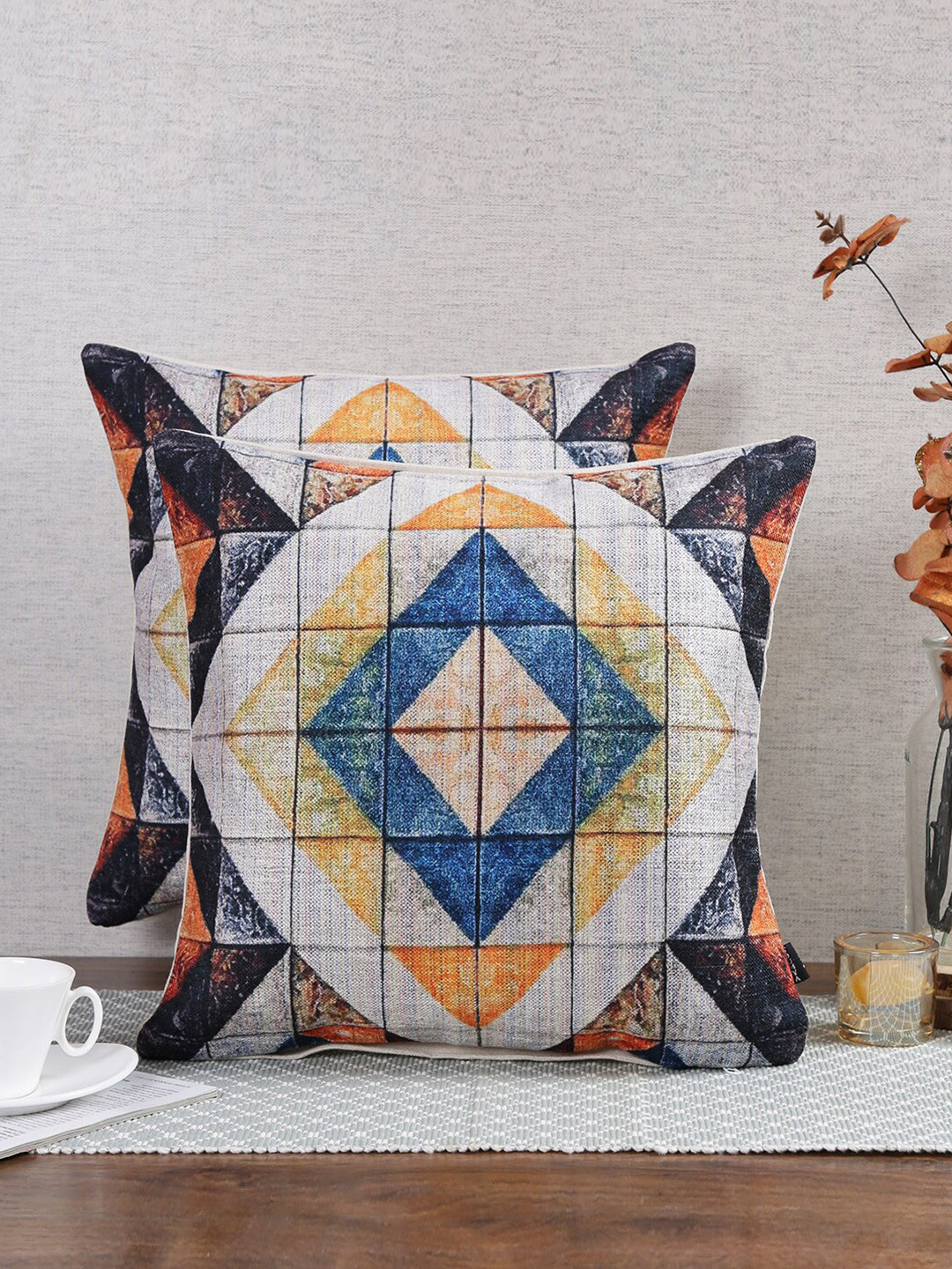 Soumya Printed Blue Geometric Chenille HD Digital 2 Pcs Textured Cushion Covers -16x16In