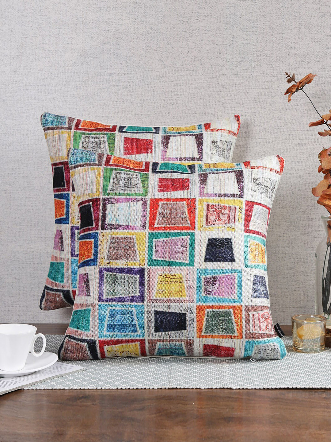 Soumya 2 Pieces Multicoloured Geometric Square Cushion Covers