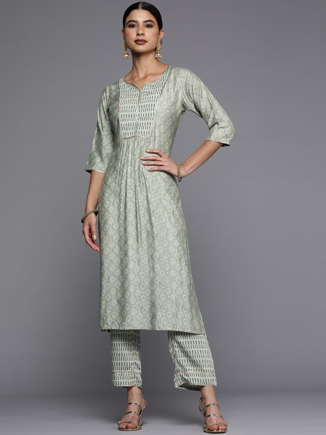 Libas Green Ethnic Motifs Printed Gotta Patti Silk Kurta