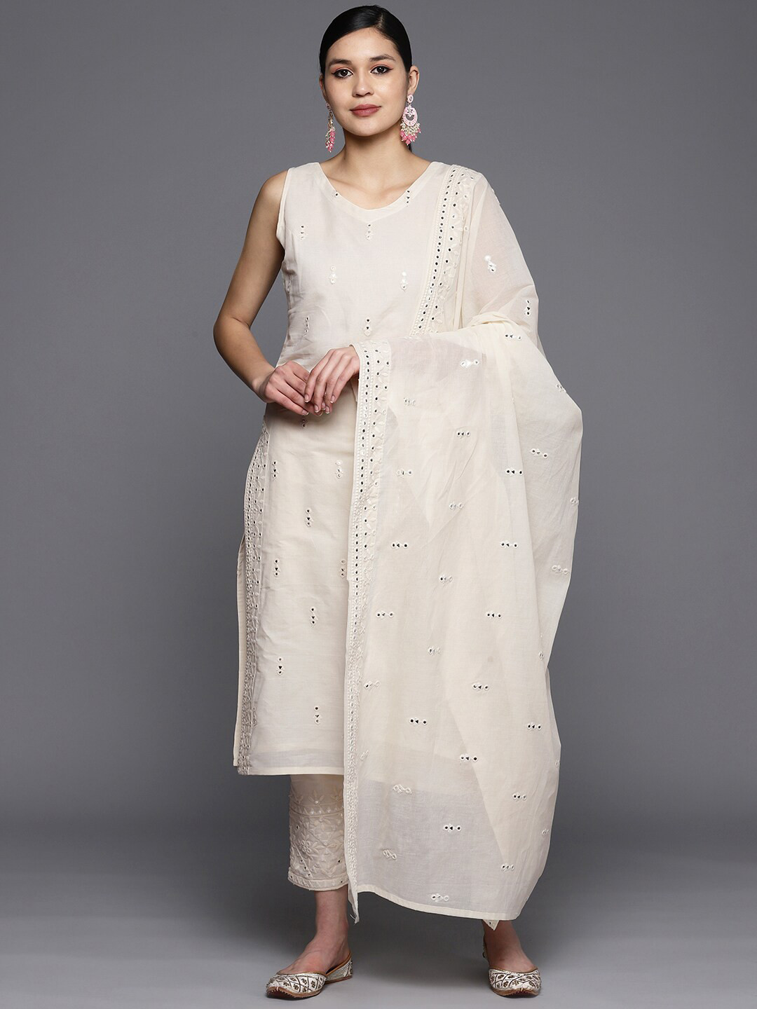 Libas Off White Embroidered V Neck Mirror Work Pure Cotton Kurta With Trousers & Dupatta