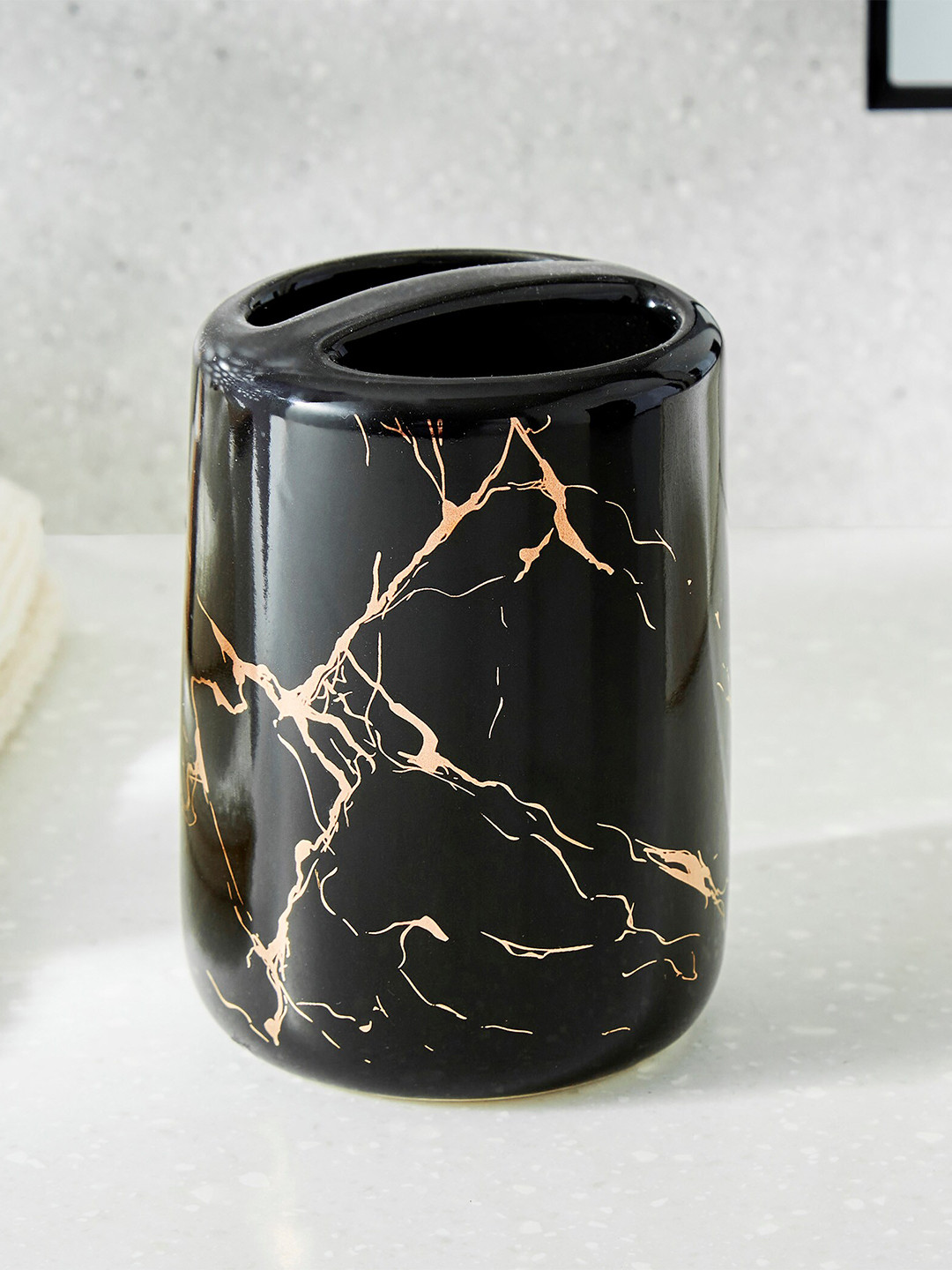 Home Centre Aubree Vince Black & Gold Toned Printed Ceramic Tooth Brush Holder