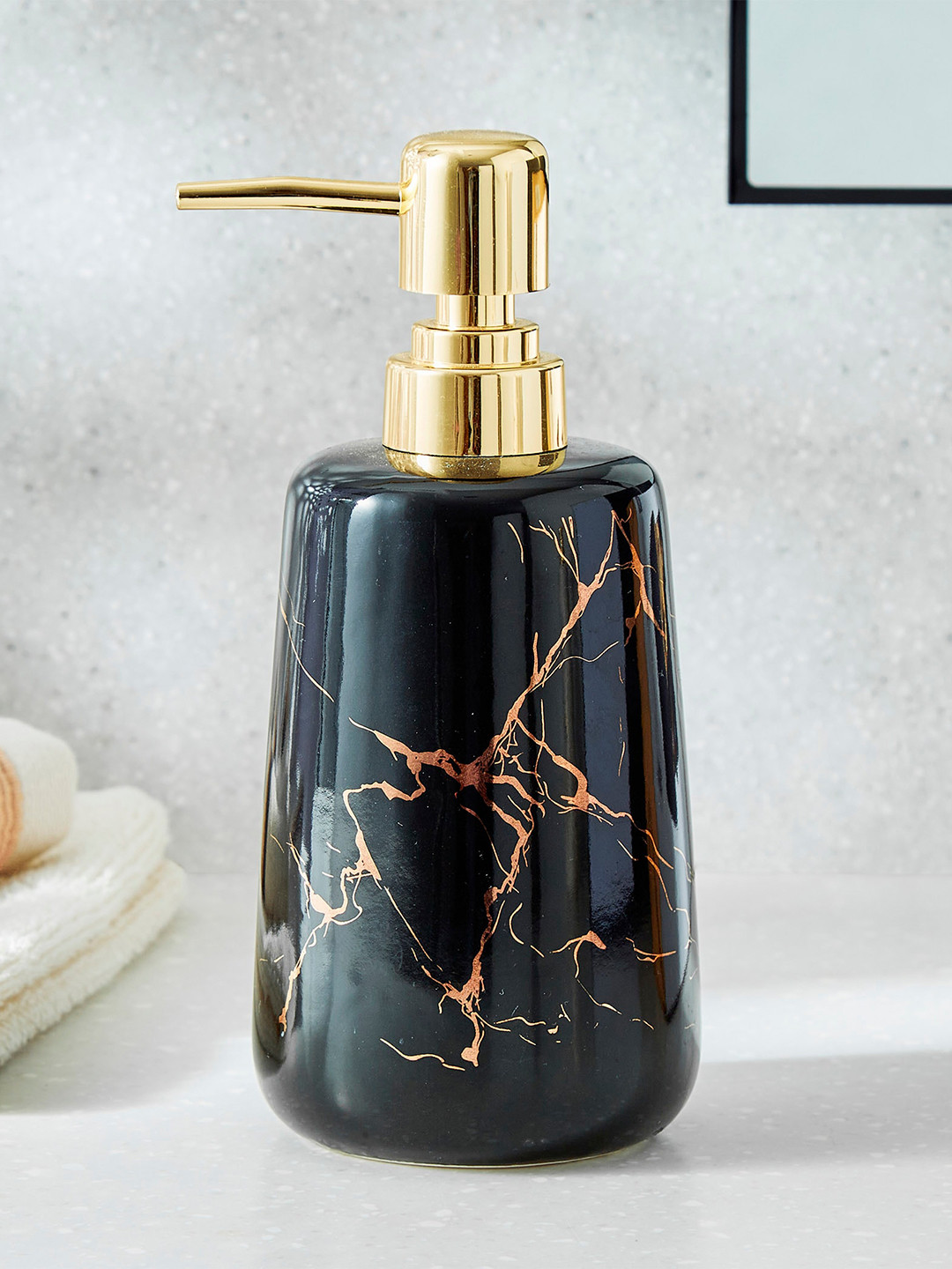 Home Centre Aubree Vince Black & Gold Toned Printed Ceramic Soap Dispenser