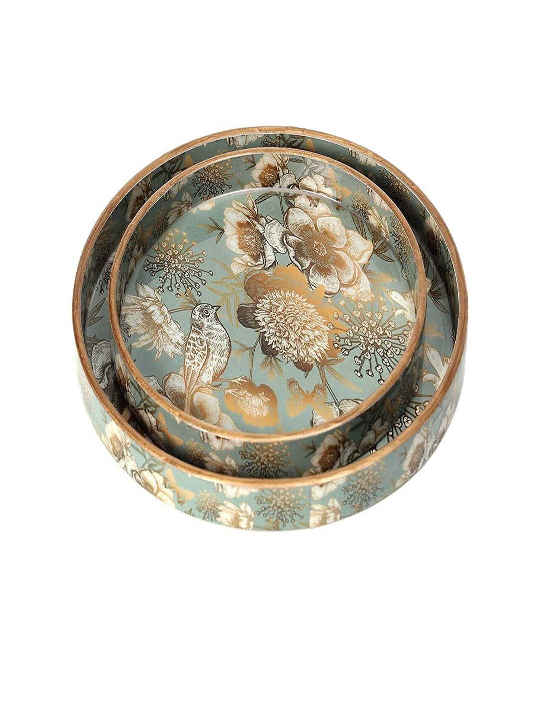 DULI Grey & Gold Toned 2 Pieces Printed Round Enamel Coated Serving Tray