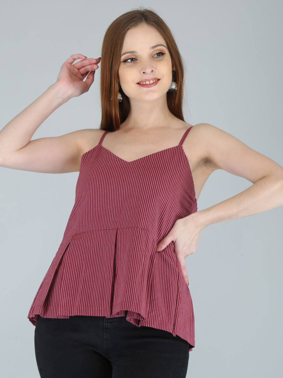 HERE&NOW Maroon Vertical Striped Cotton Pleated Peplum Top