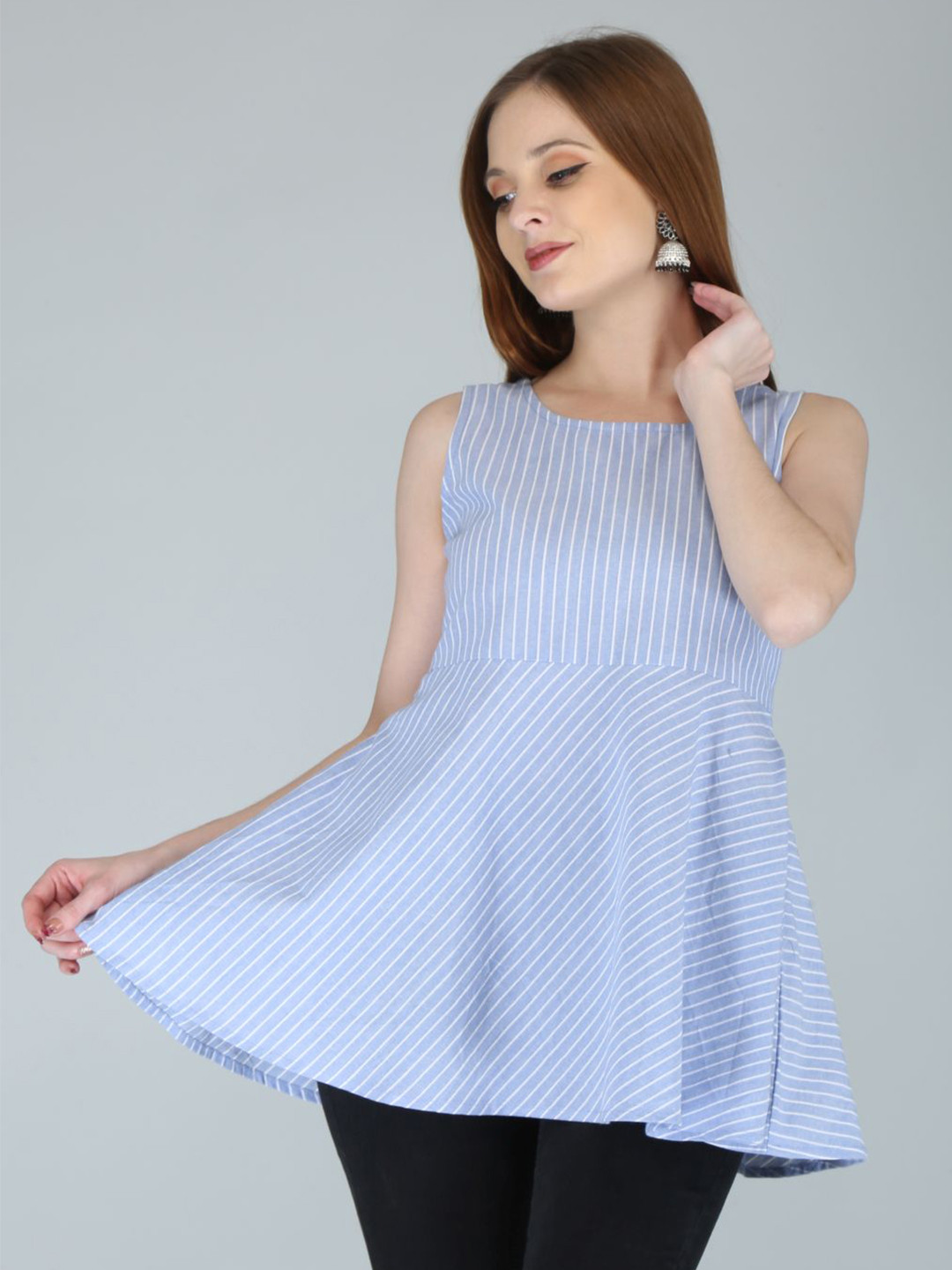 HERE&NOW Blue Vertical Striped Cotton Peplum Top