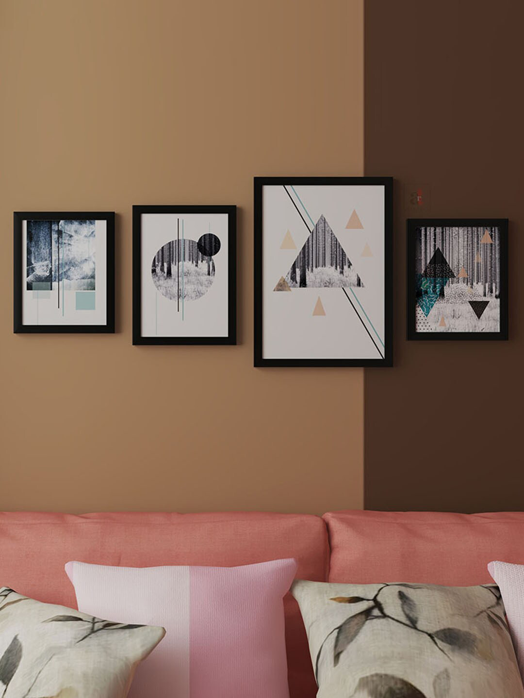 Art Street White & Black 4 Pieces Geometrical Theme Print Paintings Wall Art