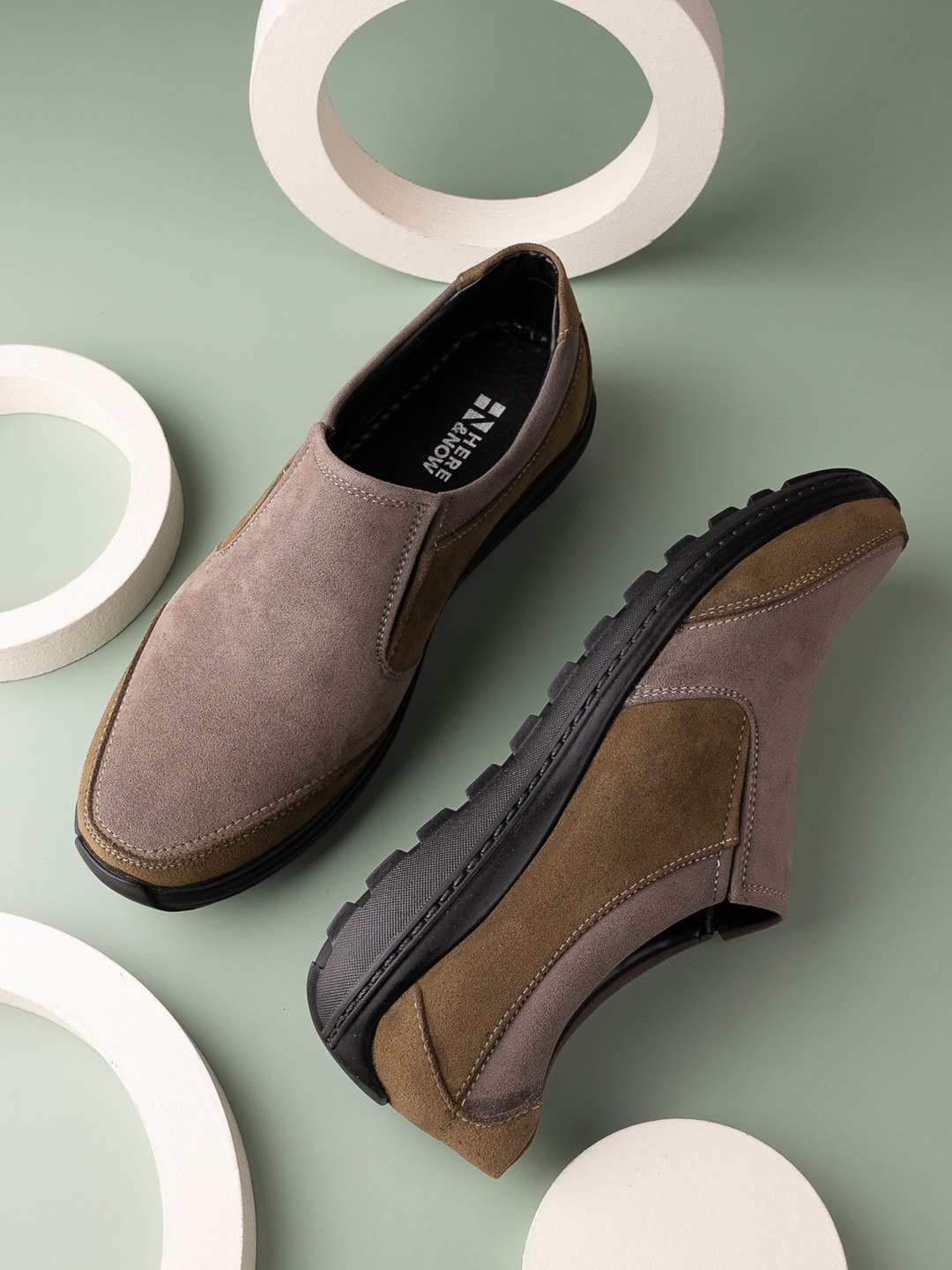 HERE&NOW Men Olive Green And Grey Colourblocked Suede Slip-On Sneakers