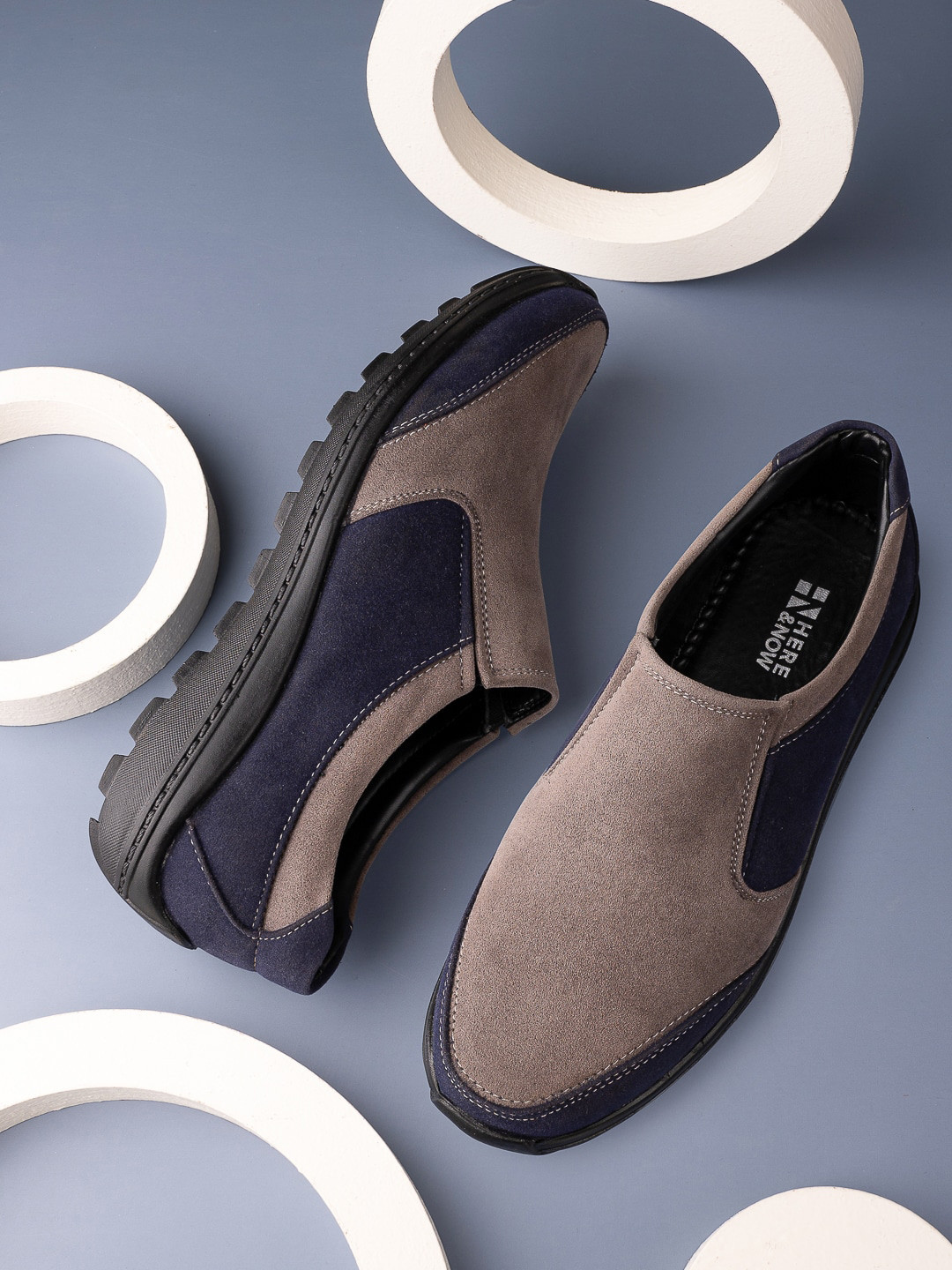 HERE&NOW Men Navy Blue And Brown Colourblocked Suede Slip On Sneakers