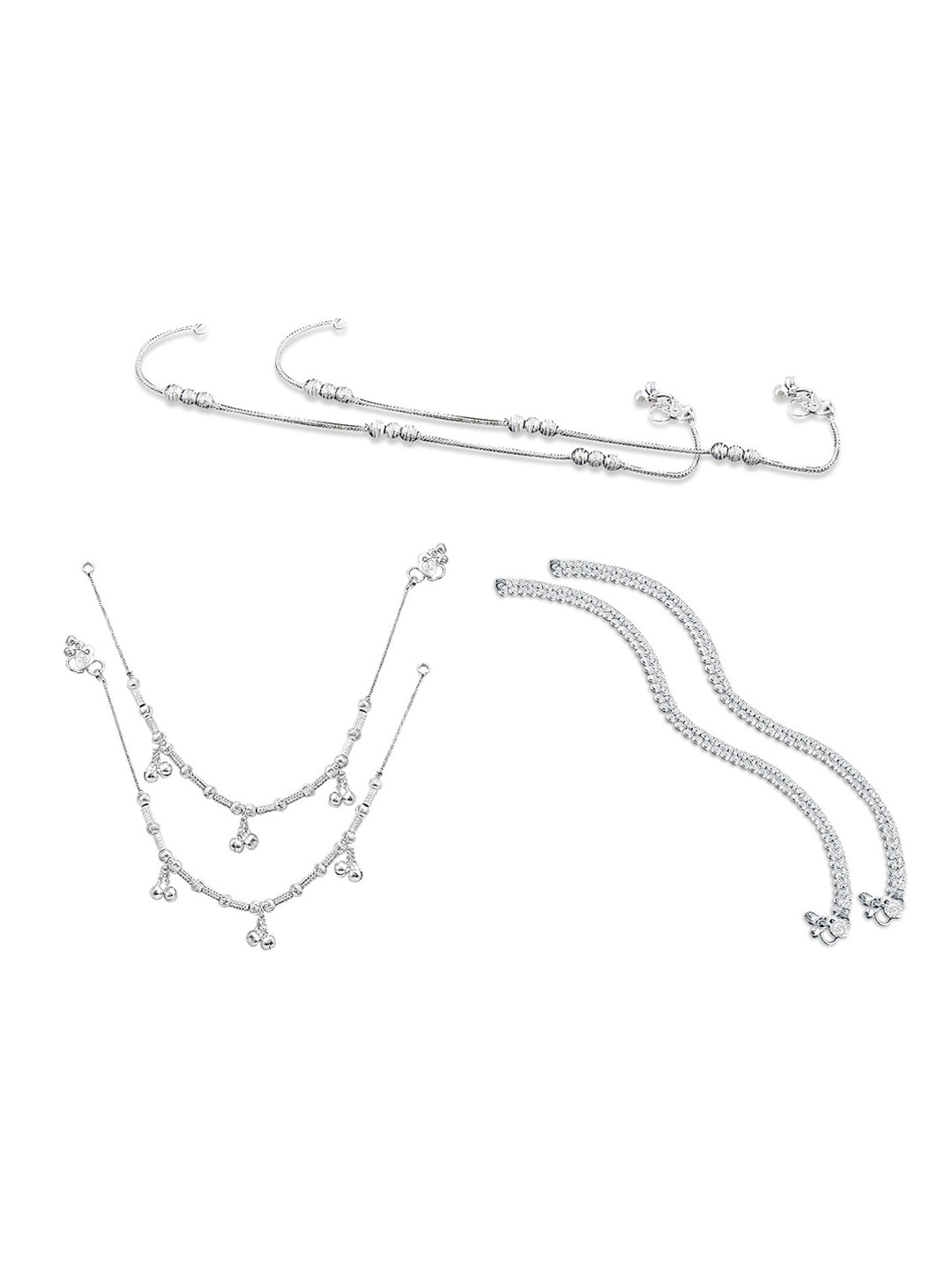 RUHI COLLECTION Set Of 3 Silver-Plated Beaded  Brass Anklets