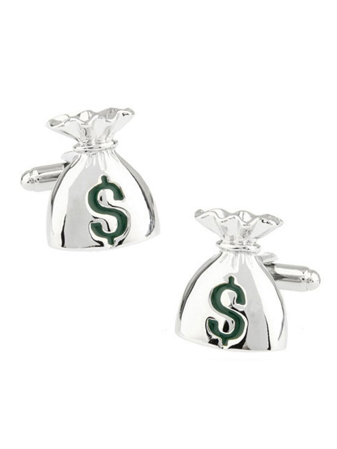 ZIVOM Silver-Plated & Green Money Bag Dollar Quirky Formal Cufflink