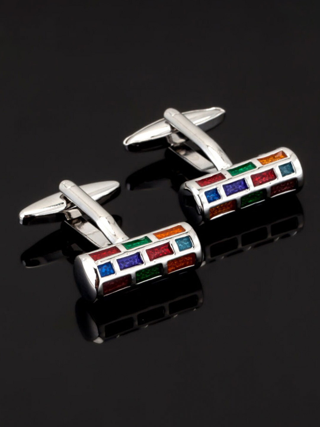 ZIVOM Silver-Toned & Red Geometric Formal Shirt Cufflink