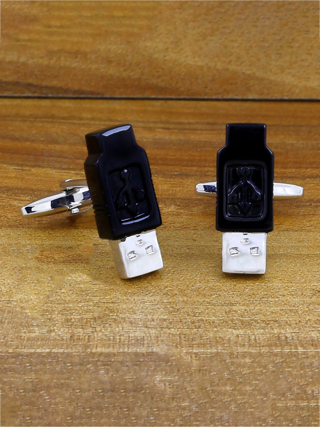ZIVOM Silver-Toned Quirky Pen Drive Black Formal Shirt Cufflinks