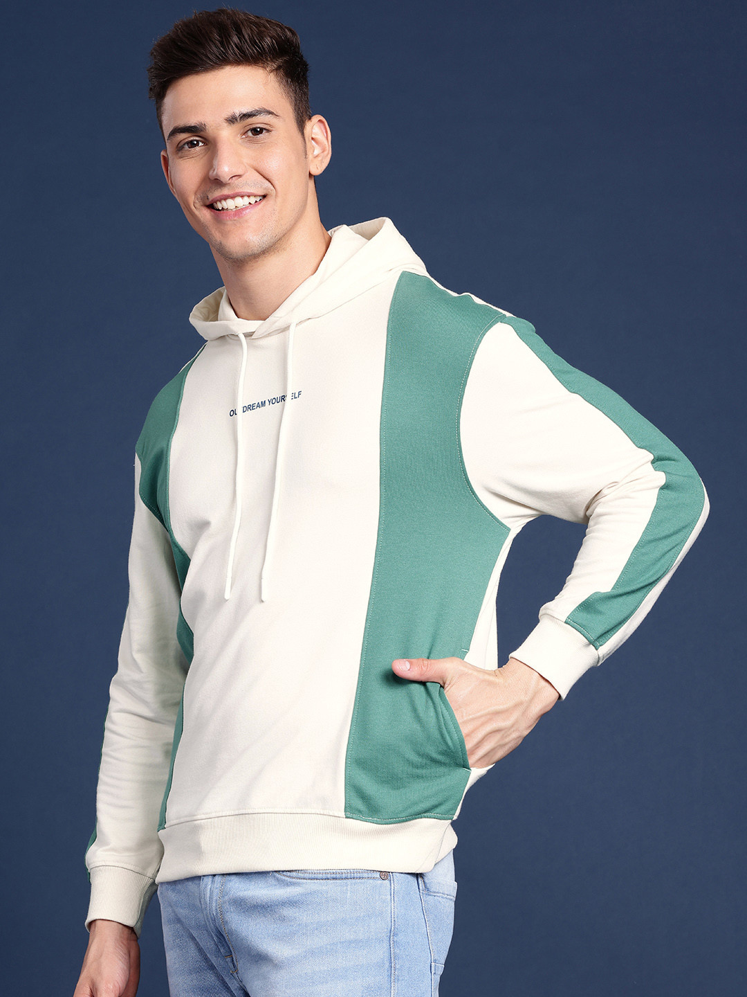 Mast & Harbour Colourblocked Minimal Printed Hooded Sweatshirt