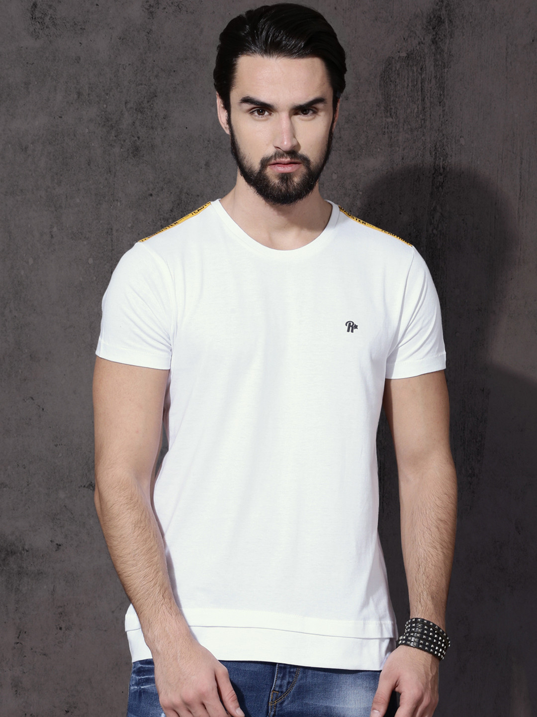 Roadster Men White T-shirt with Layered Hem & Shoulder Tape