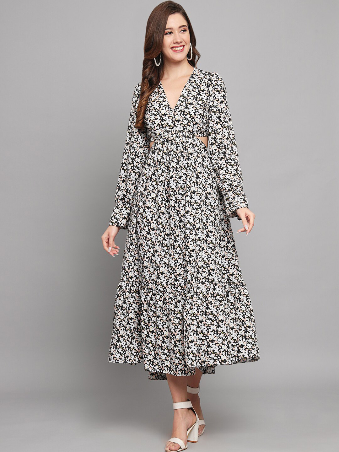 Funday Fashion Floral Print Crepe A-Line Midi Dress