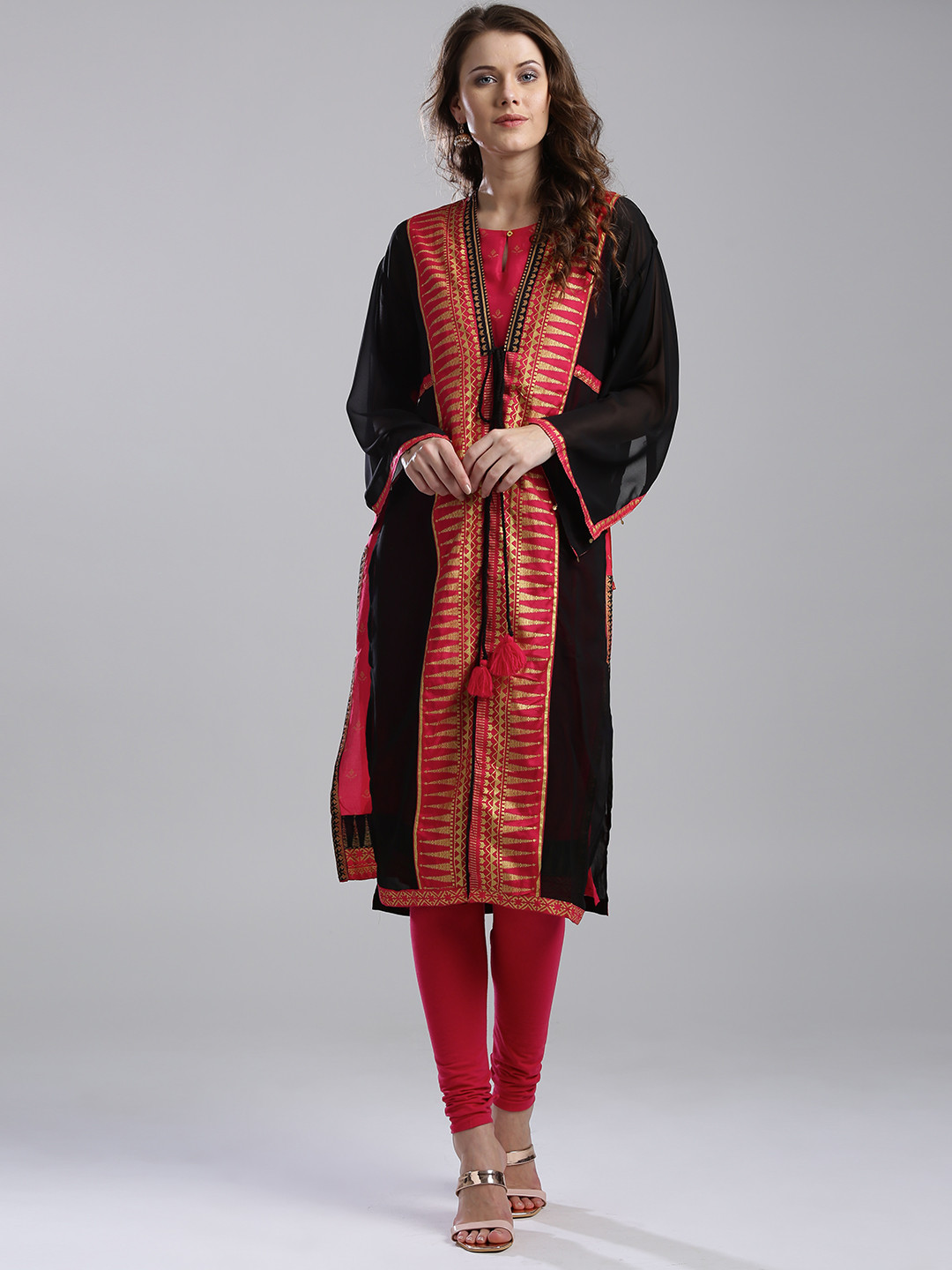 W Women Pink & Black Printed Layered Straight Kurta