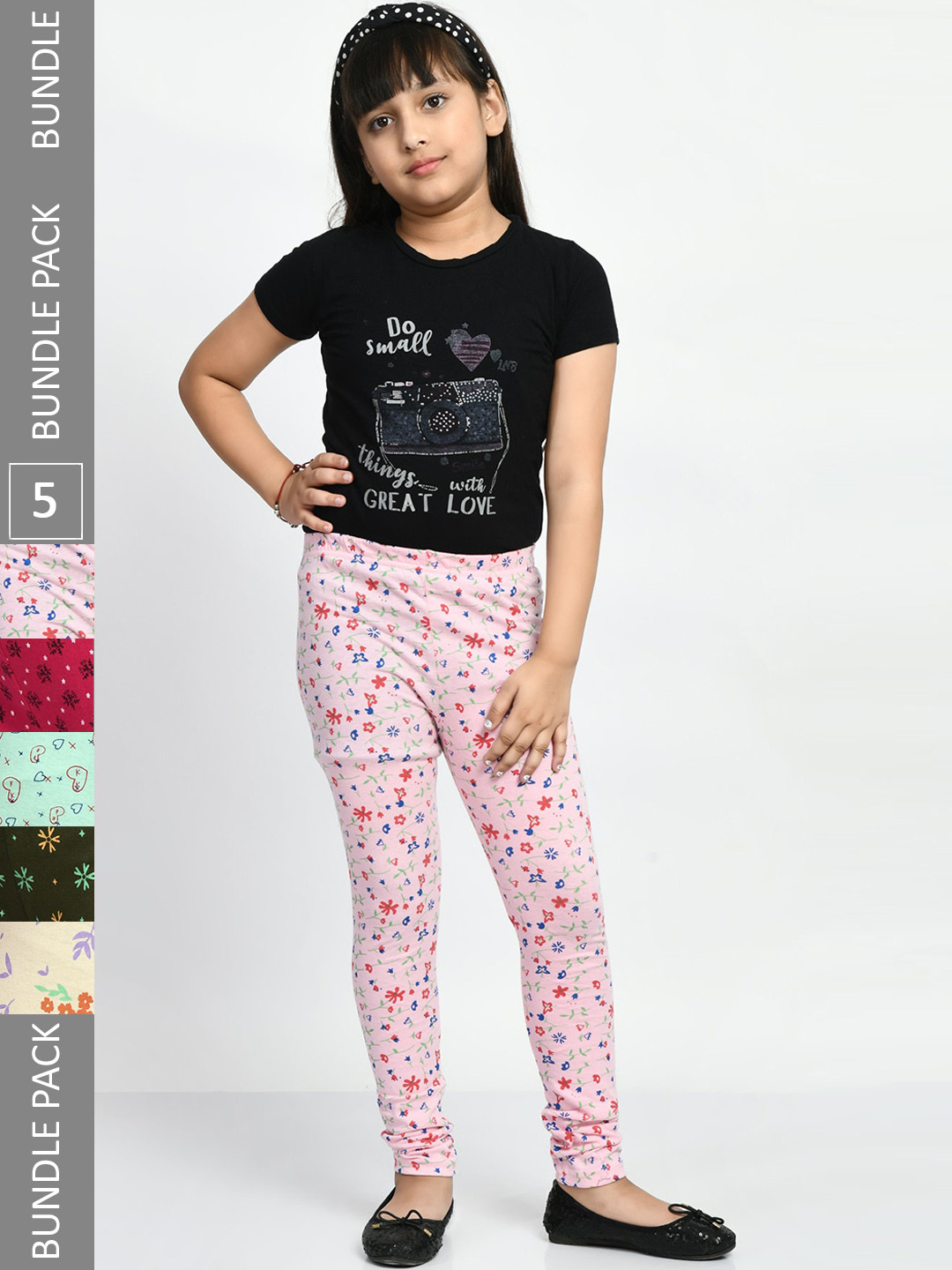 BAESD Girls Pack Of 5 Printed Ankle Length Pure Cotton Leggings